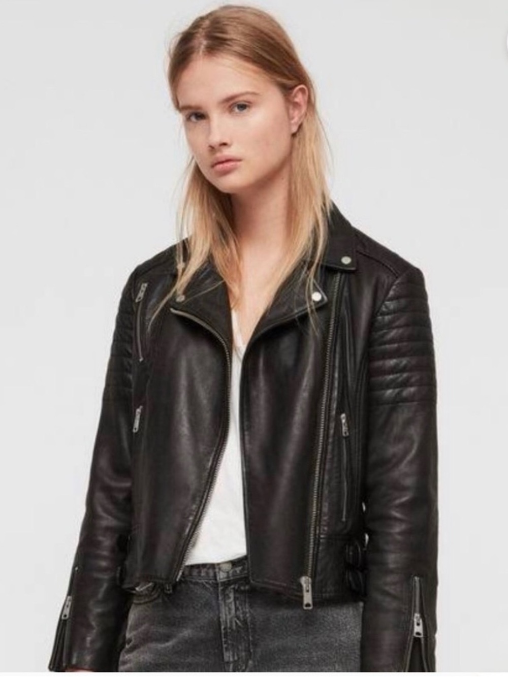 All Saints Papin Black Quilted Leather Biker Jacket- size US6